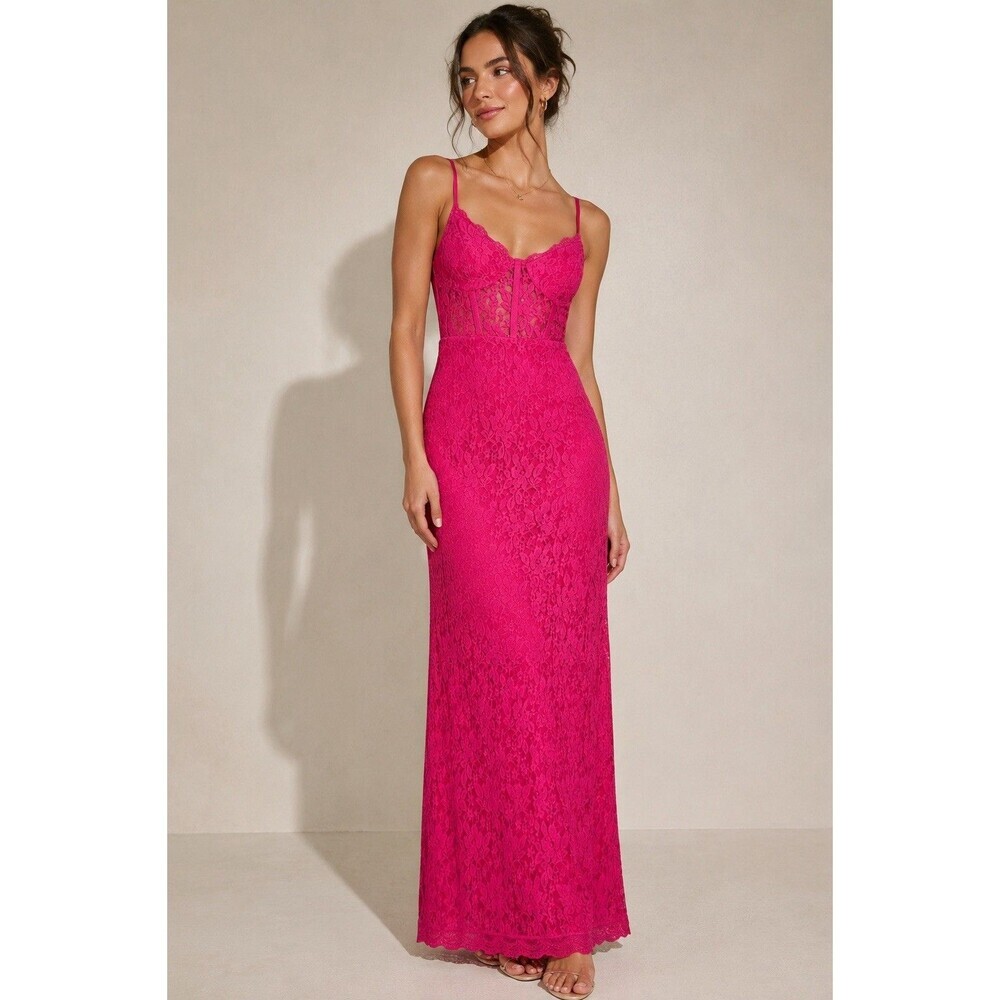 AQUA Hot Pink Lace Corset Maxi Dress XS Barbiecore Feminine Romantic